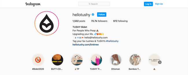 TUSHY Bidet use humor and show their personality to make their Instagram bio stand out