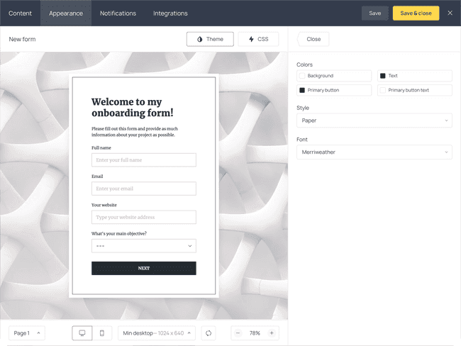 New client onboarding questionnaire - desktop preview