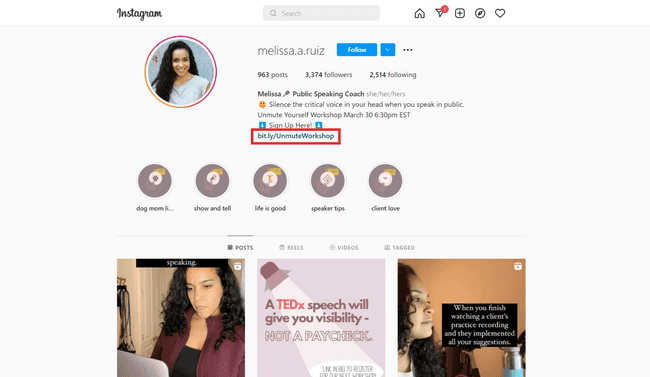 Melissa Ruiz’s Instagram bio with link to an email capture landing page