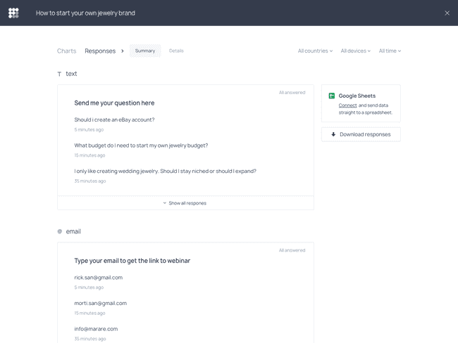 On the Summary level, you can see responses submitted through each field