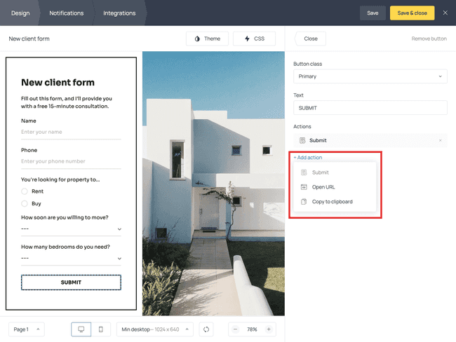 How to assign the submission action to a button in Getform