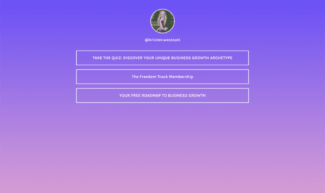 Kristen Westcott’s Instagram landing page includes lead generation quiz