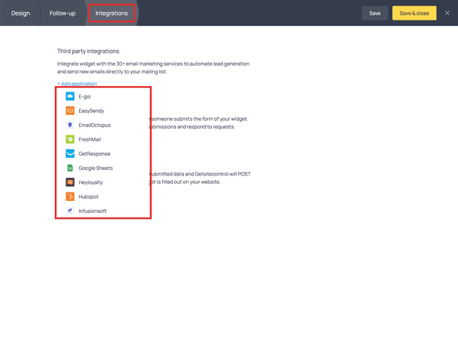 The +Add application button in the Integrations tab