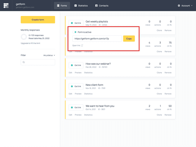 The Forms section of the Getform dashboard