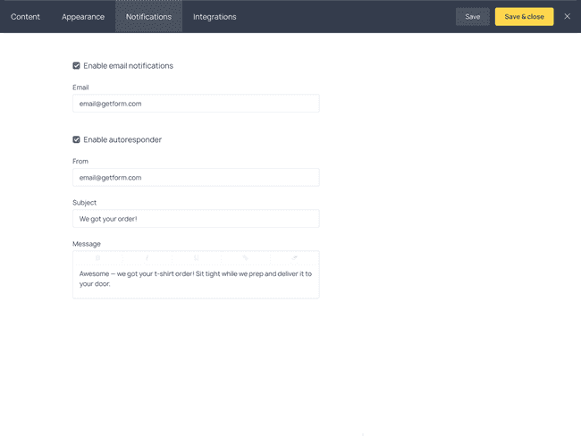 The Notifications tab allows you to send an autoresponder to those who fill out the form
