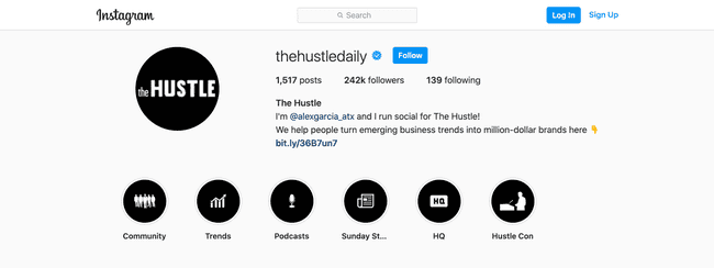HUSTLE drives followers to an email subscription form from their link in bio