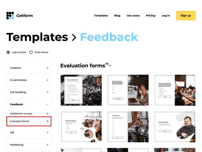 The evaluation forms section in Getform’s template gallery