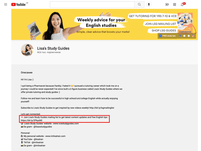 YouTube channel description linking to an email capture landing page
