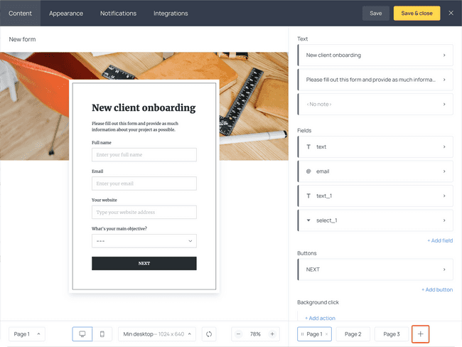How to create a new page for a client onboarding questionnaire