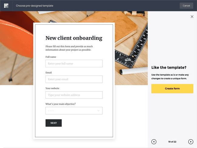 Form template live preview in the Getform gallery