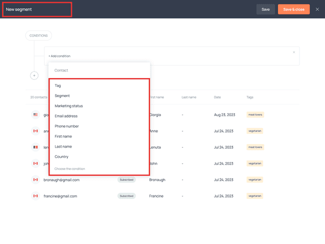 Parameters that can be used to create a segment in Getform