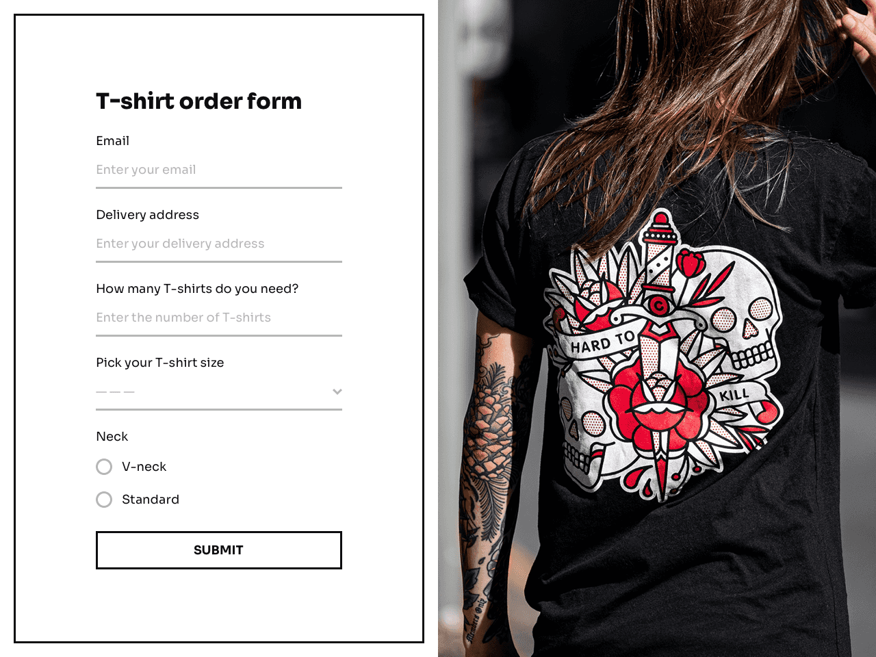 Online T-shirt order form template powered by Getform