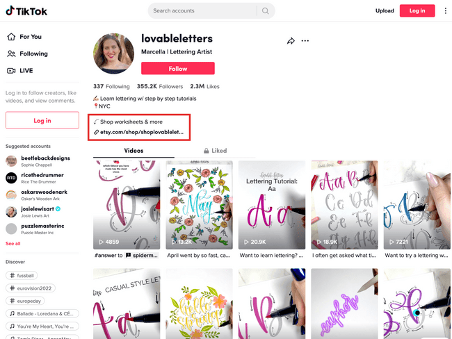 Link to a landing page on lovableletters’ TikTok profile