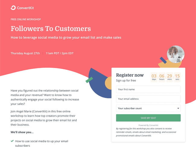Convertkit uses a countdown timer to collect more emails for a workshop