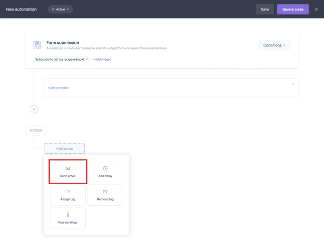 Selecting ‘Send email’ from the Actions menu in the automation screen