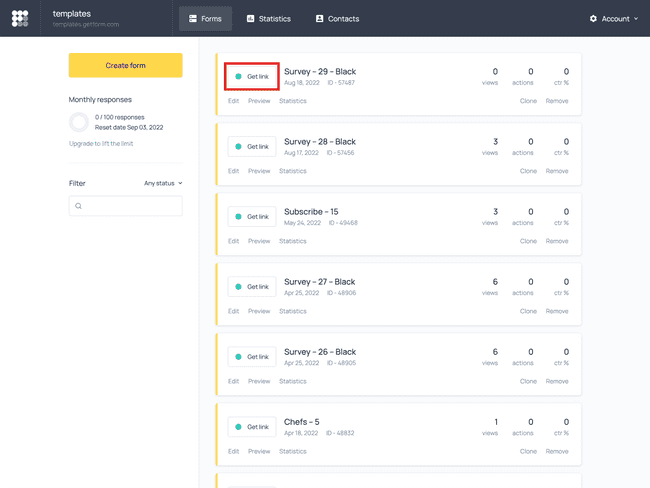 The link to the form in the Getform dashboard