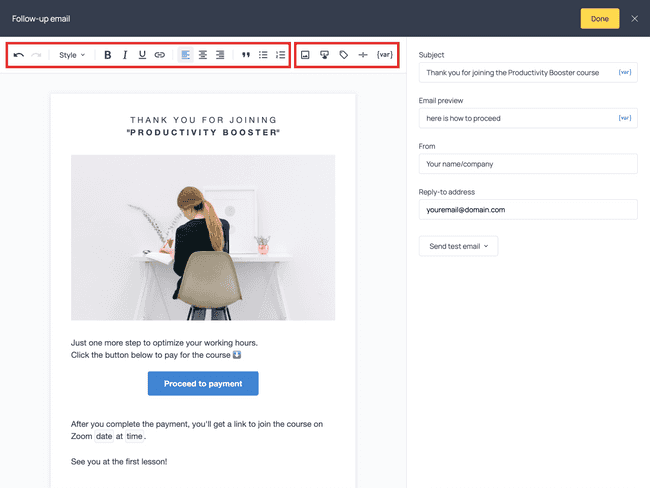 Example of follow-up email created in Getform