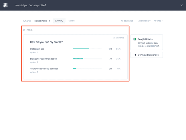 Summary report example for the forms containing radio buttons