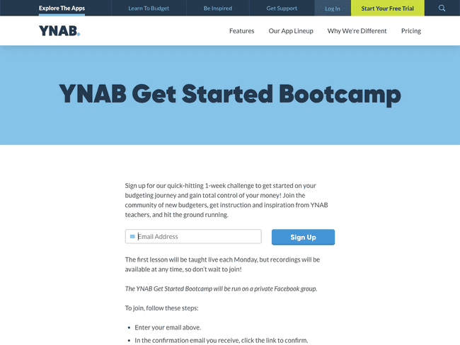 YNAB Bootcamp landing page example