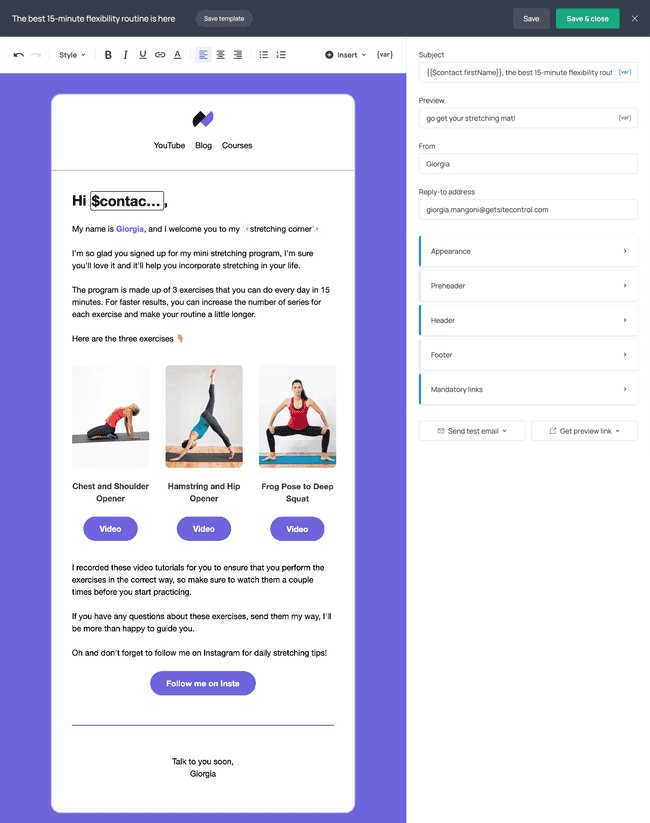 Example of delivery email created with Getform