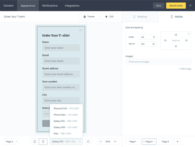 Preview your T-shirt order form on different device screens