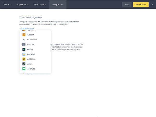 The Integrations tab enables you to connect email marketing software of your choice
