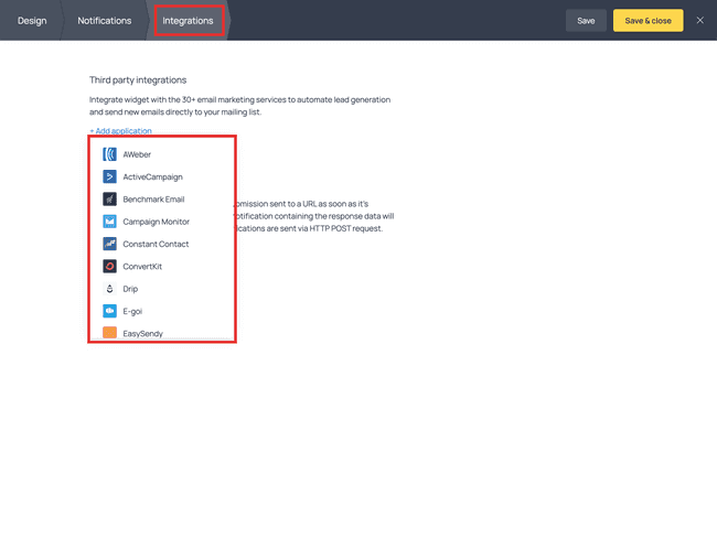 The list of third-party apps available for integration in the Integrations tab