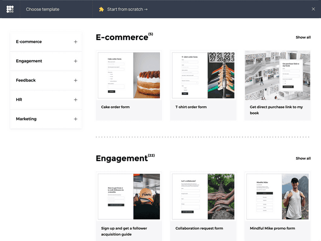 Getform template gallery available directly from the dashboard