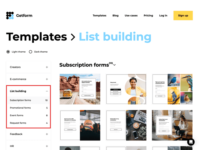Getform offers landing page templates designed for email list building