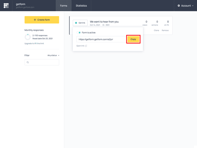 How to share a survey form via the direct link in Getform