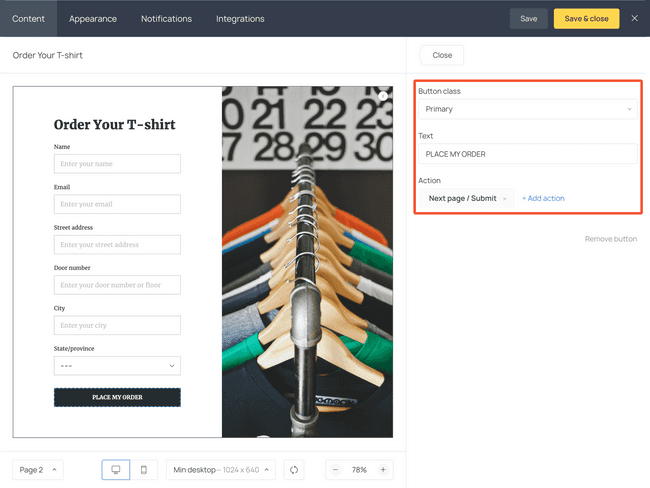 Create a form submission button and edit its copy