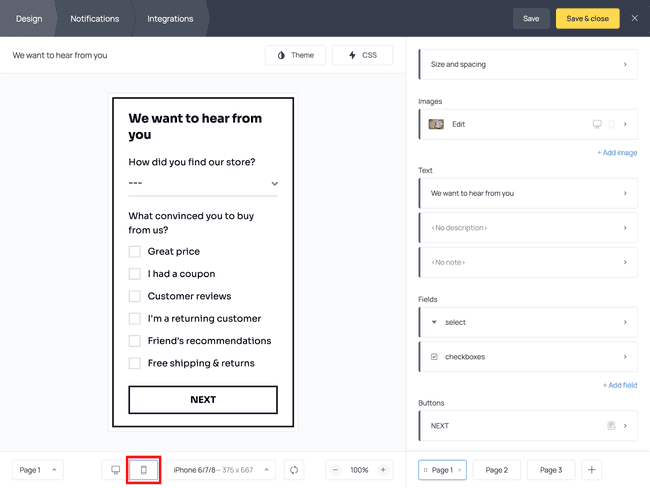 Post-purchase survey powered in Getform: mobile preview