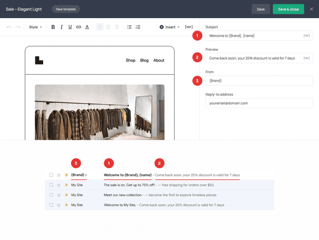 Email Subject, Preview, and Sender in the email editor and Gmail inbox