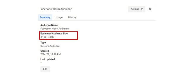 Warm audience size estimation, example from Meta ad account