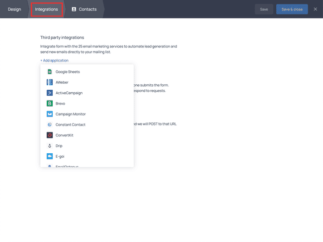 The Integrations tab of the Getform dashboard