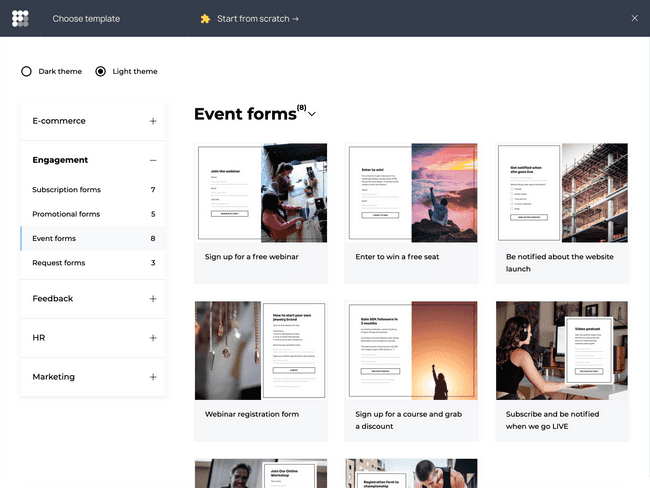 Event registration form gallery accessible from Getform dashboard