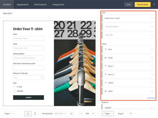 The location of fields in the content menu of Getform