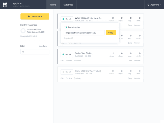 How to copy a direct link to the survey form in Getform