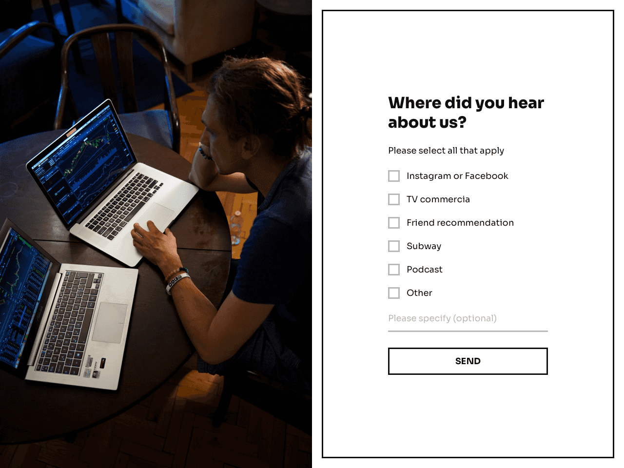 Simple “Where did you hear about us” survey form with checkboxes