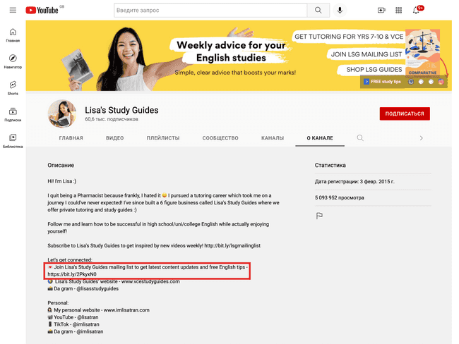 YouTube channel description linking to an email capture landing page