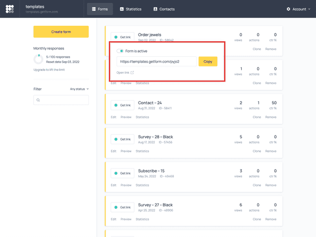 How to share an online form from the Getform dashboard