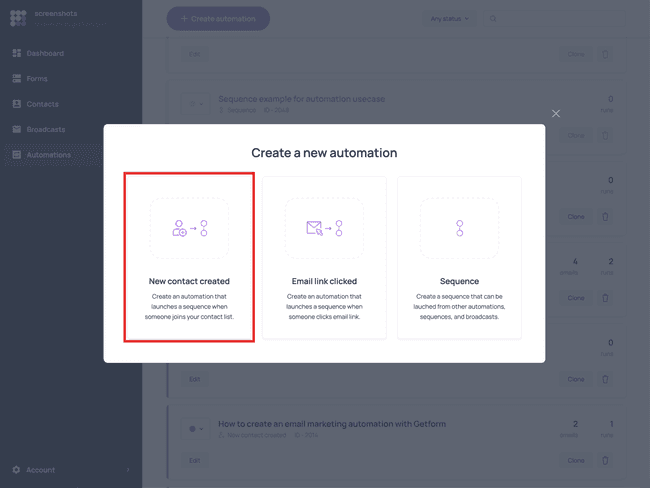 Selecting ‘New contact created’ as the automation trigger