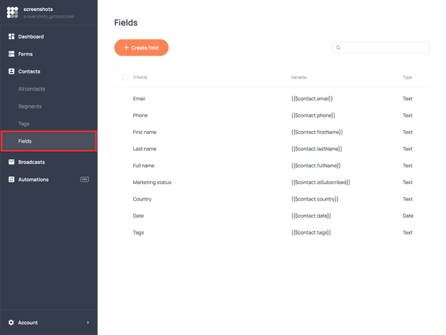 The Fields section in the Getform dashboard