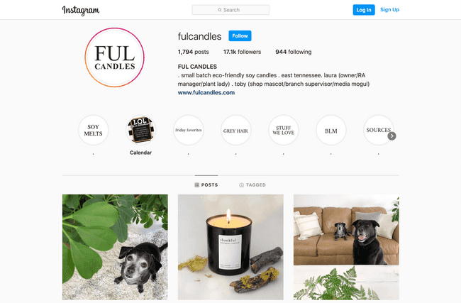 FUL Candles feature unique selling points in their Instagram bio