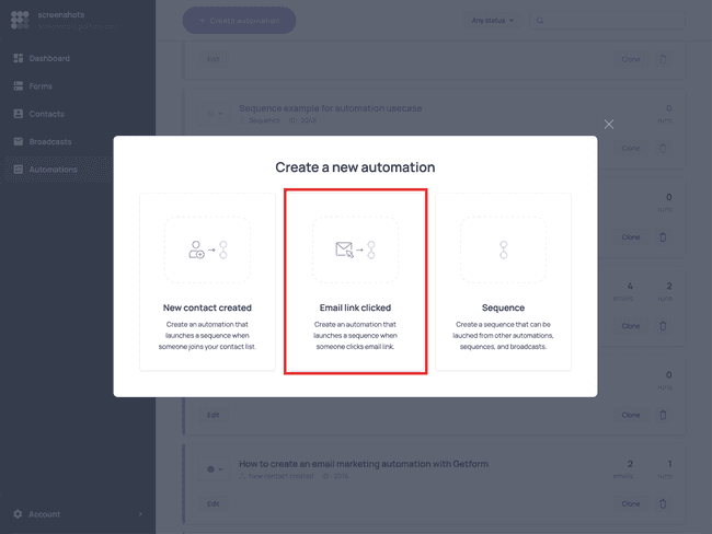 Selecting ‘Email link clicked’ as the automation trigger