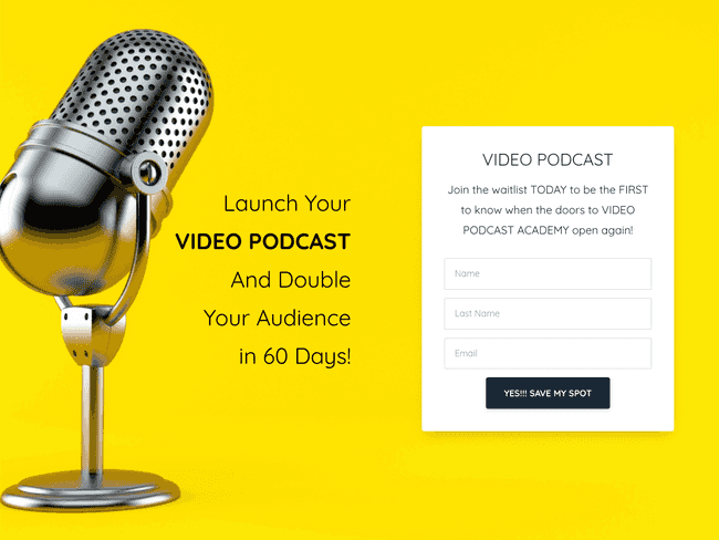Waitlist email capture landing page for the Podcast Academy