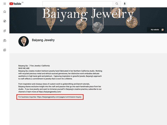 Baiyang Jewelry’s About page on YouTube