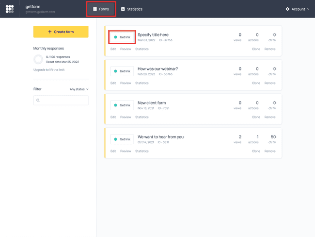 The Get link button in the Forms section of the dashboard