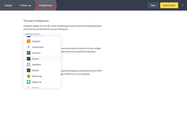 The Integrations tab of the Getform dashboard