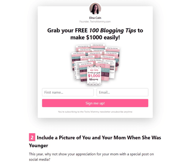 Example of Elna Cain’s email form embedded in a blog post to promote an opt-in freebie